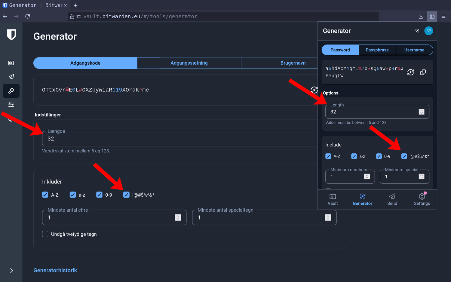 Screenshot af Bitwardens kodeord-generator, hvor man kan justere længde og kompleksitet af de genererede passwords
