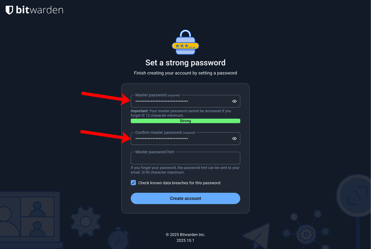 Screenshot af Bitwardens hjemmeside, hvor man opretter sin hovedadgangskode. Bitwarden fortæller en, hvor stærk den er, og om den har været med i et datalæk.