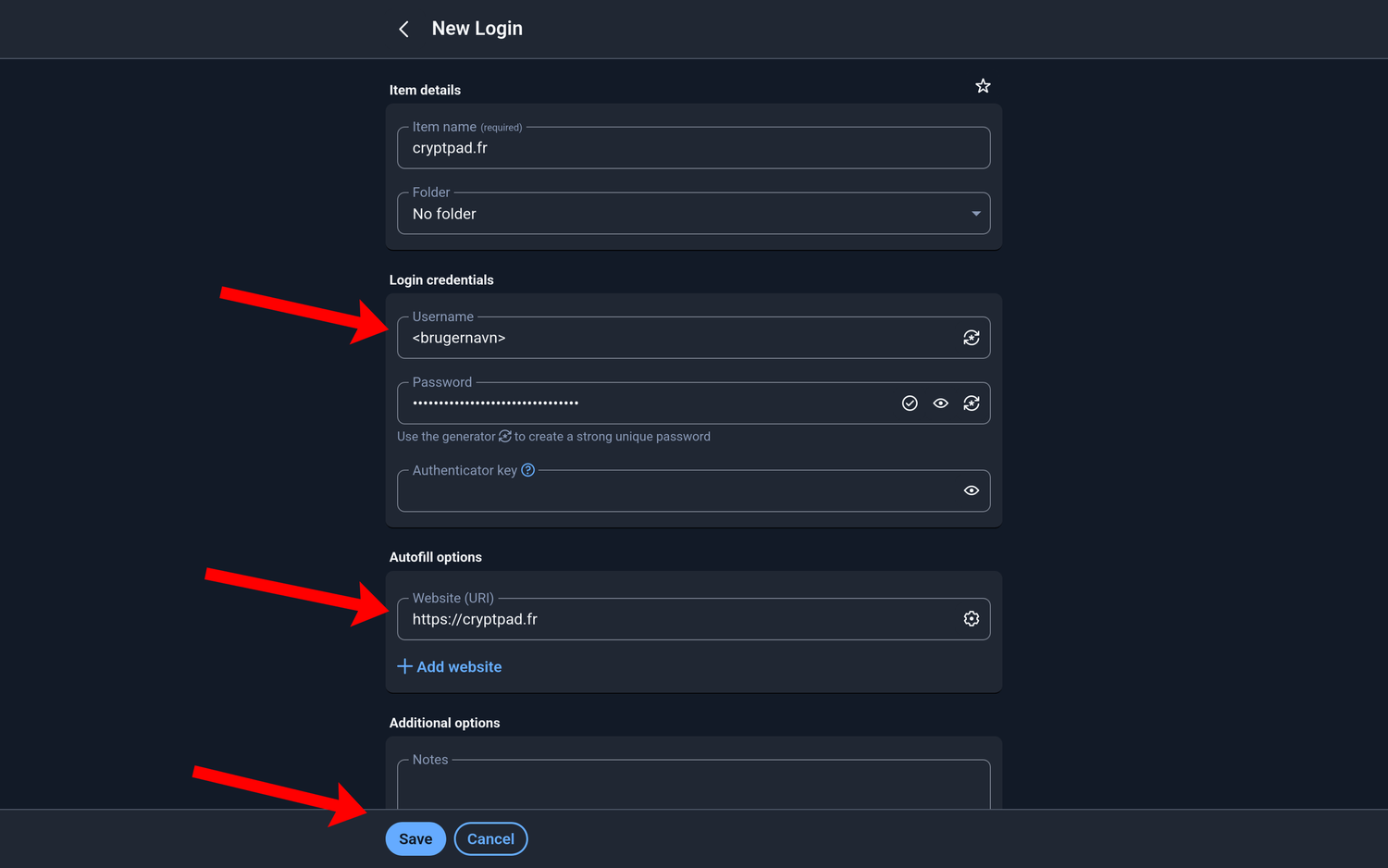 Screenshot af Bitwardens menu for oprettelse af et nyt login