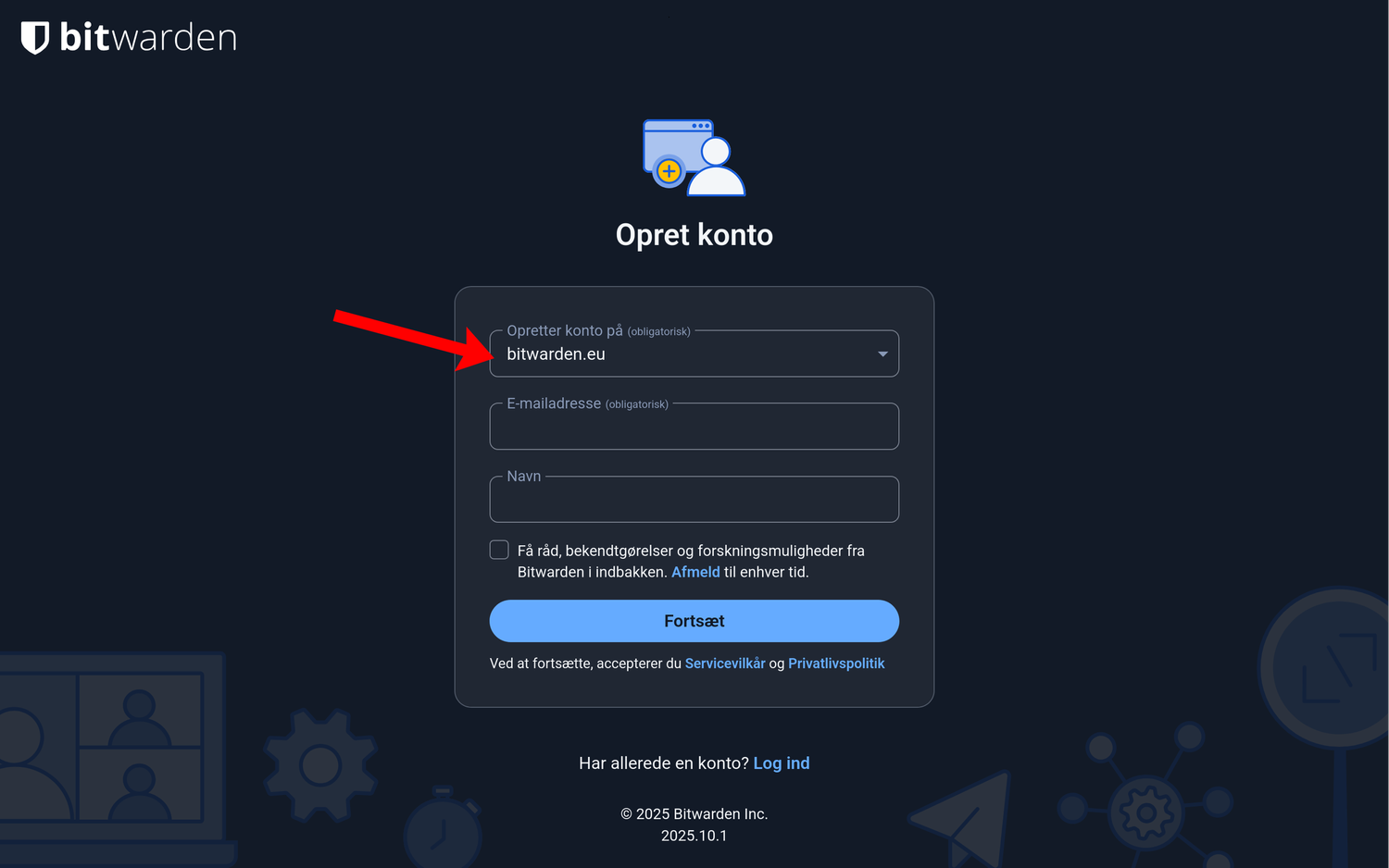 Brugeroprettelse på Bitwardens hjemmeside med mulighed for at vælge geografisk placering af datacenter
