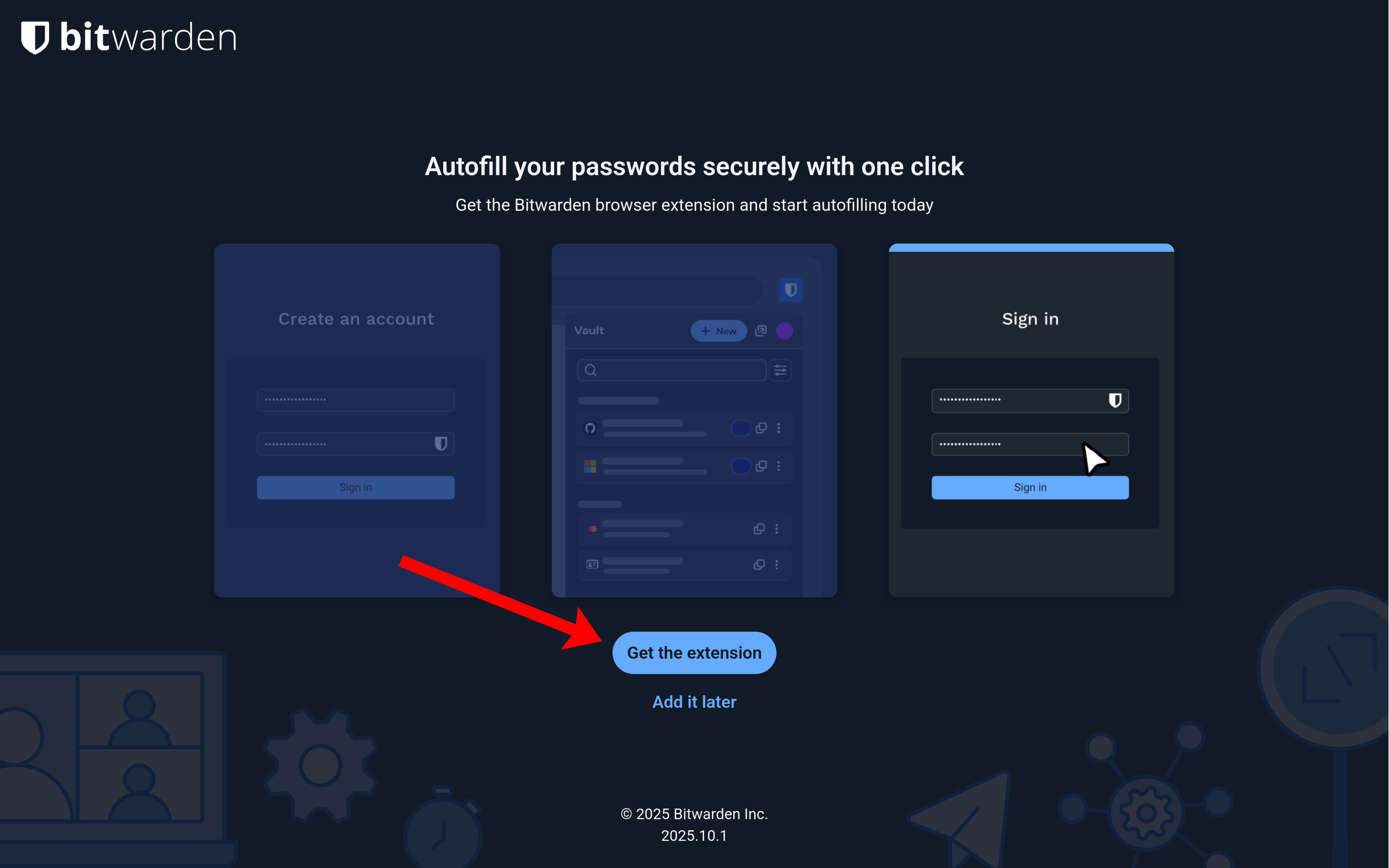 Screenshot af Bitwardens hjemmeside, med en pil der peger på knappen "Get the extension"