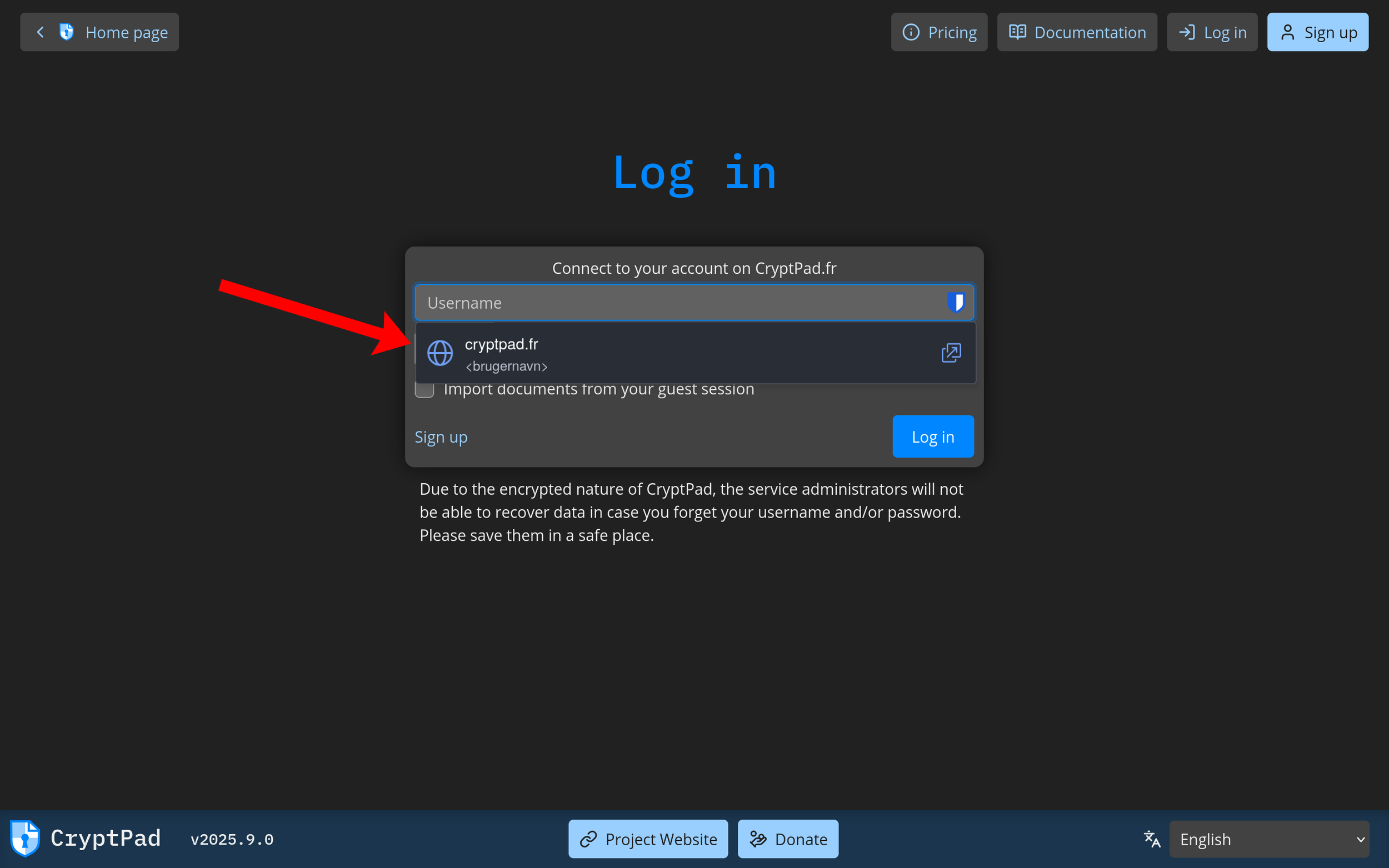 Screenshot af et login felt, hvor Bitwarden nu tilbyder at udfylde brugernavn og kodeord
