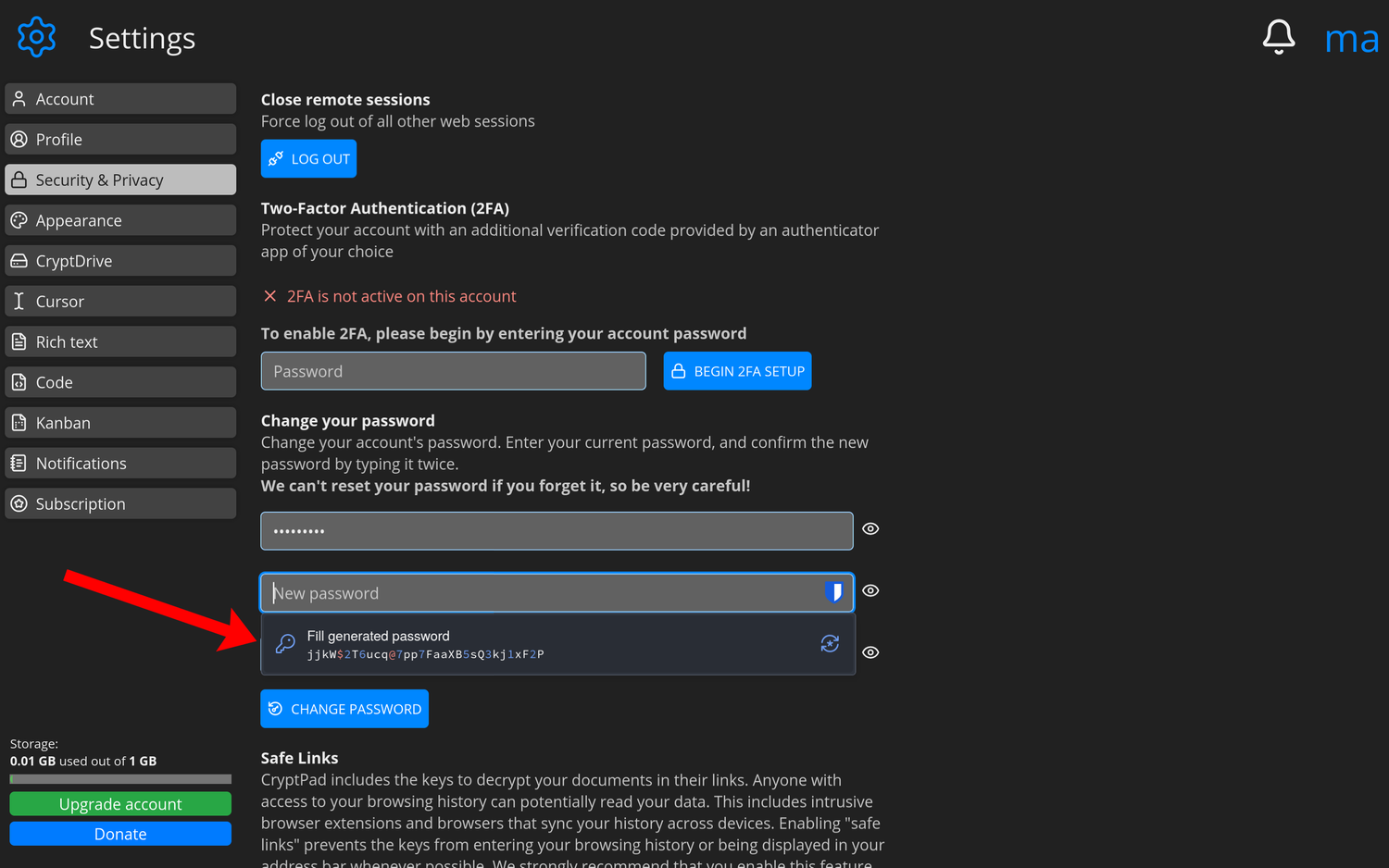 Screenshot af Cryptpads kontoindstillinger, hvor man kan ændre sit kodeord og Bitwarden tilbyder at autoudfylde et nyt
