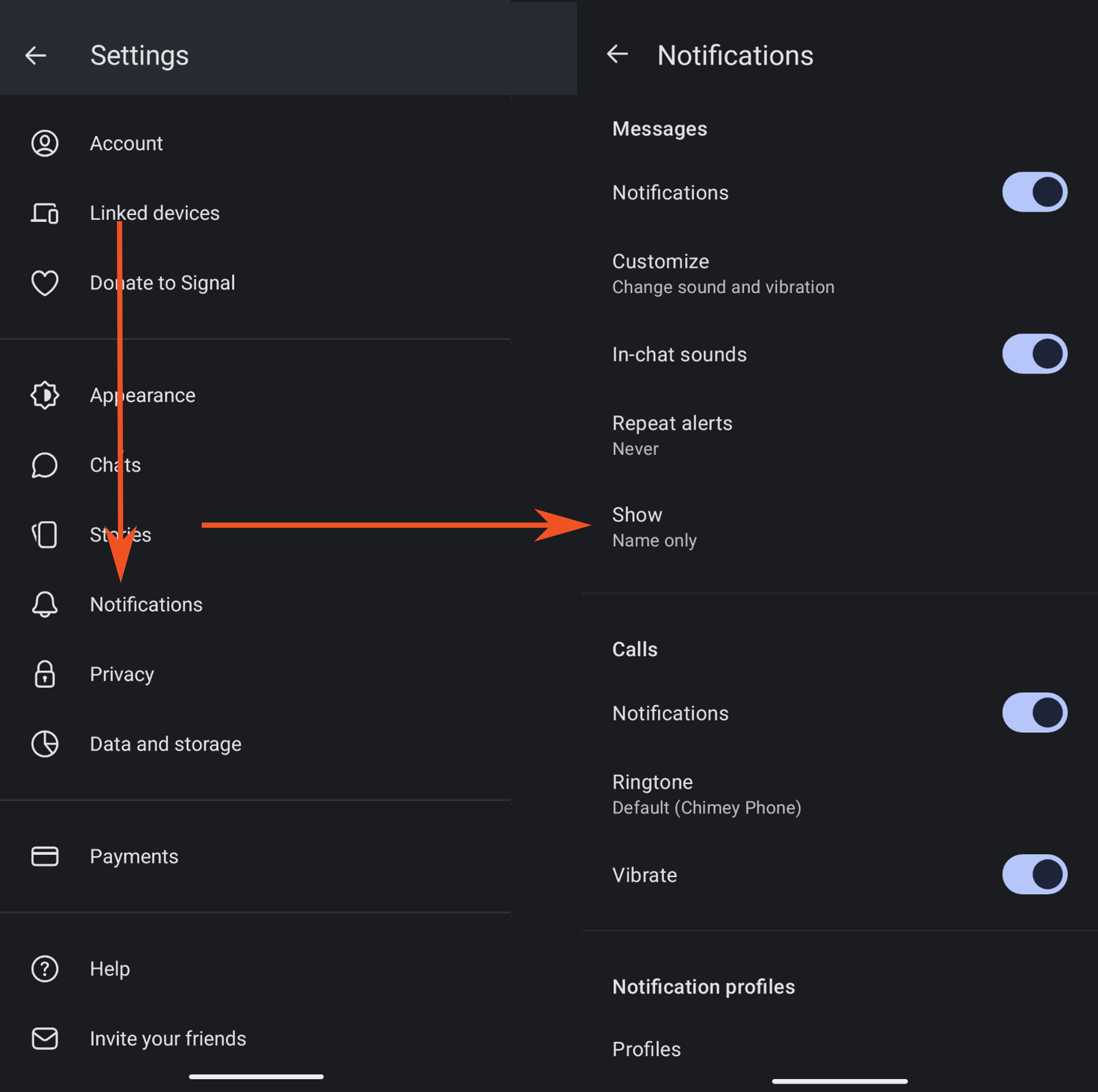 Screenshot af Signals menu for indstillinger og to pile der viser ind til hvordan man justerer notifikationer